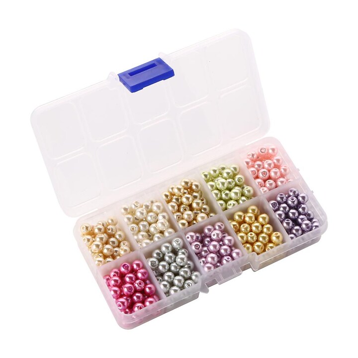 Margele set creativ, cutie 12,5x6,5x2,2cm cu margele perle de sticla 6-7mm in 10 culori