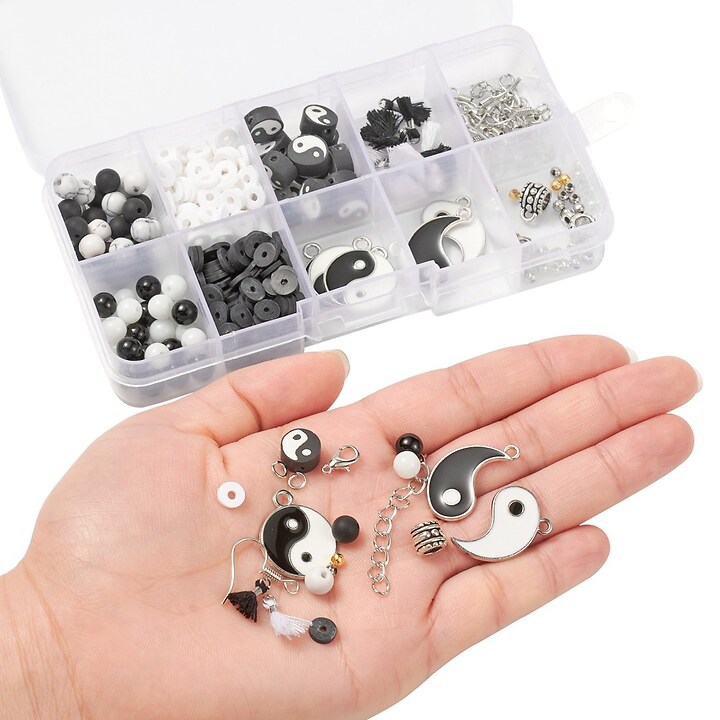 Margele set creativ, cutie 13x6,7x2cm cu 375 margele din pietre, lut polimeric si accesorii metalice Yin Yang pentru bijuterii