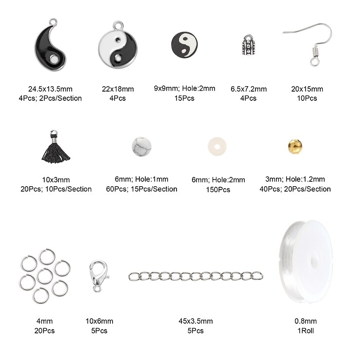 Margele set creativ, cutie 13x6,7x2cm cu 375 margele din pietre, lut polimeric si accesorii metalice Yin Yang pentru bijuterii