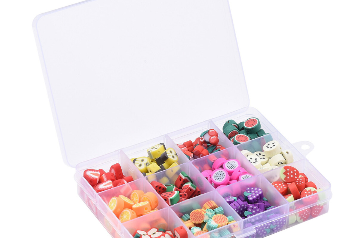 Margele set creativ, cutie 13x10x2,2cm cu 240 margele din lut polimeric cu tematica fructe