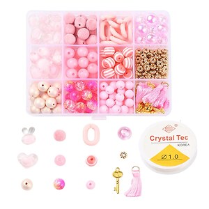 Margele set creativ, cutie 13x10x2,2cm cu 200 margele plastic si ciucuri pentru bratari