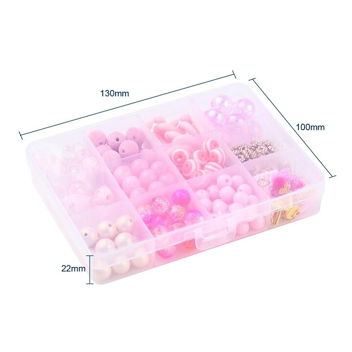 Margele set creativ, cutie 13x10x2,2cm cu 200 margele plastic si ciucuri pentru bratari