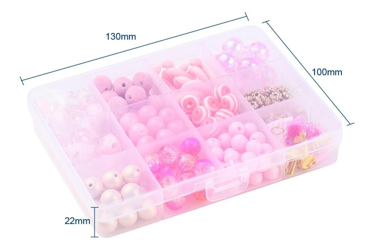 Margele set creativ, cutie 13x10x2,2cm cu 200 margele plastic si ciucuri pentru bratari