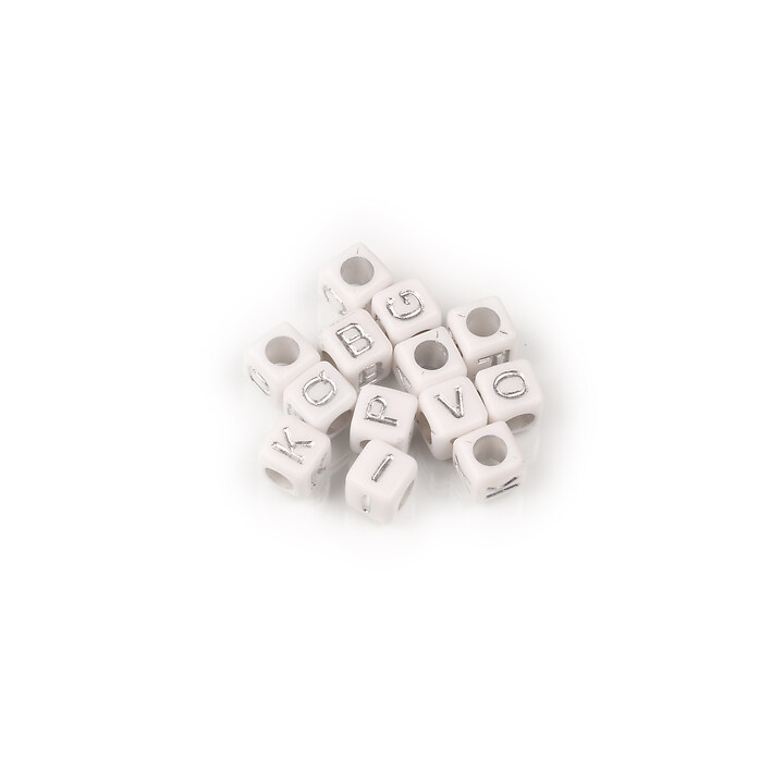 Margele cu litere din plastic, cub 6x6mm, 100 buc, alb cu litere argintii