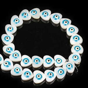 Margele sidef inima cu evil eye bleu 11x12mm (sirag)