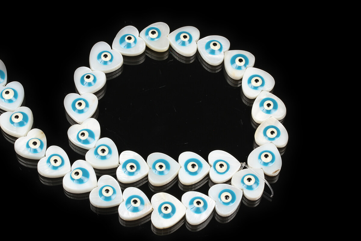 Margele sidef inima cu evil eye bleu 11x12mm (sirag)