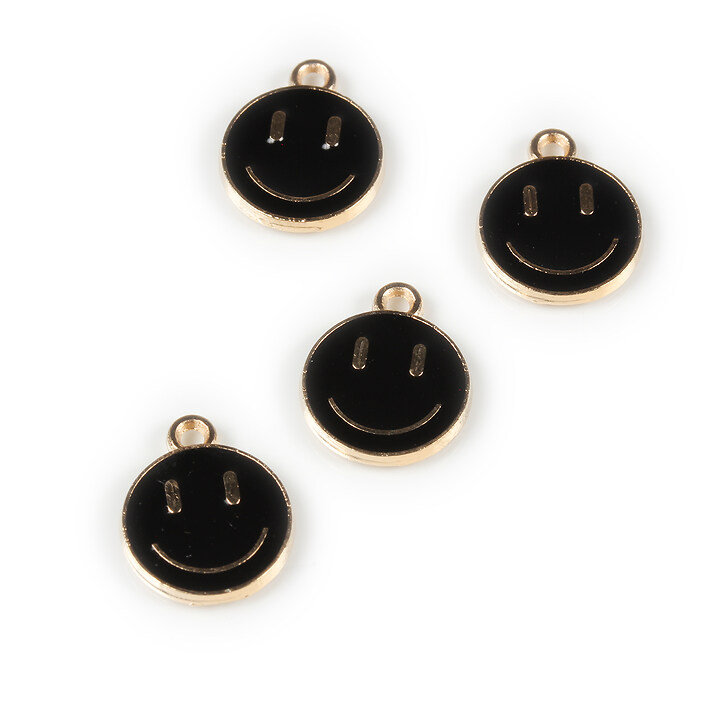 Pandantiv auriu cu email negru, Smiling Face 14,5x12mm