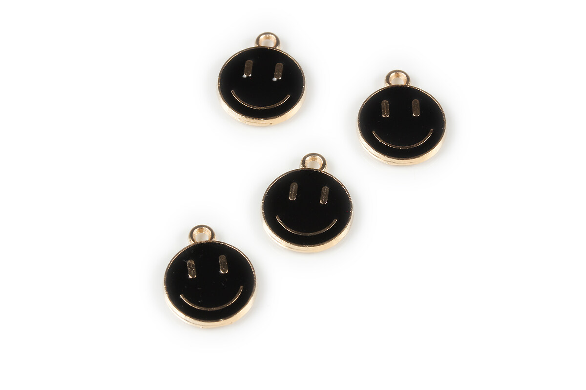 Pandantiv auriu cu email negru, Smiling Face 14,5x12mm