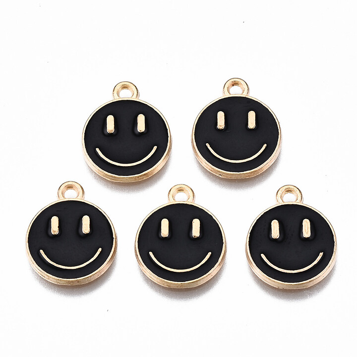 Pandantiv auriu cu email negru, Smiling Face 14,5x12mm