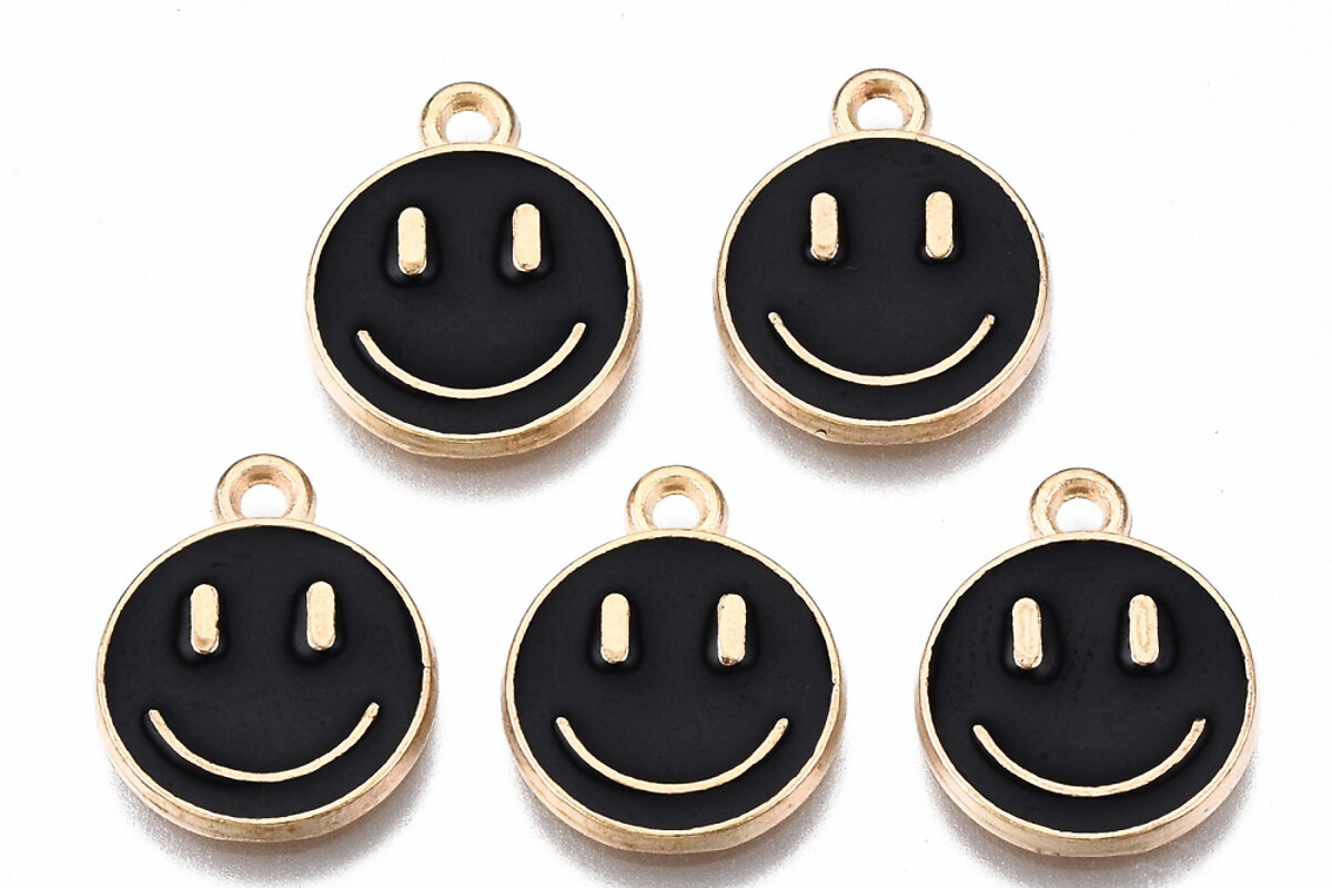 Pandantiv auriu cu email negru, Smiling Face 14,5x12mm