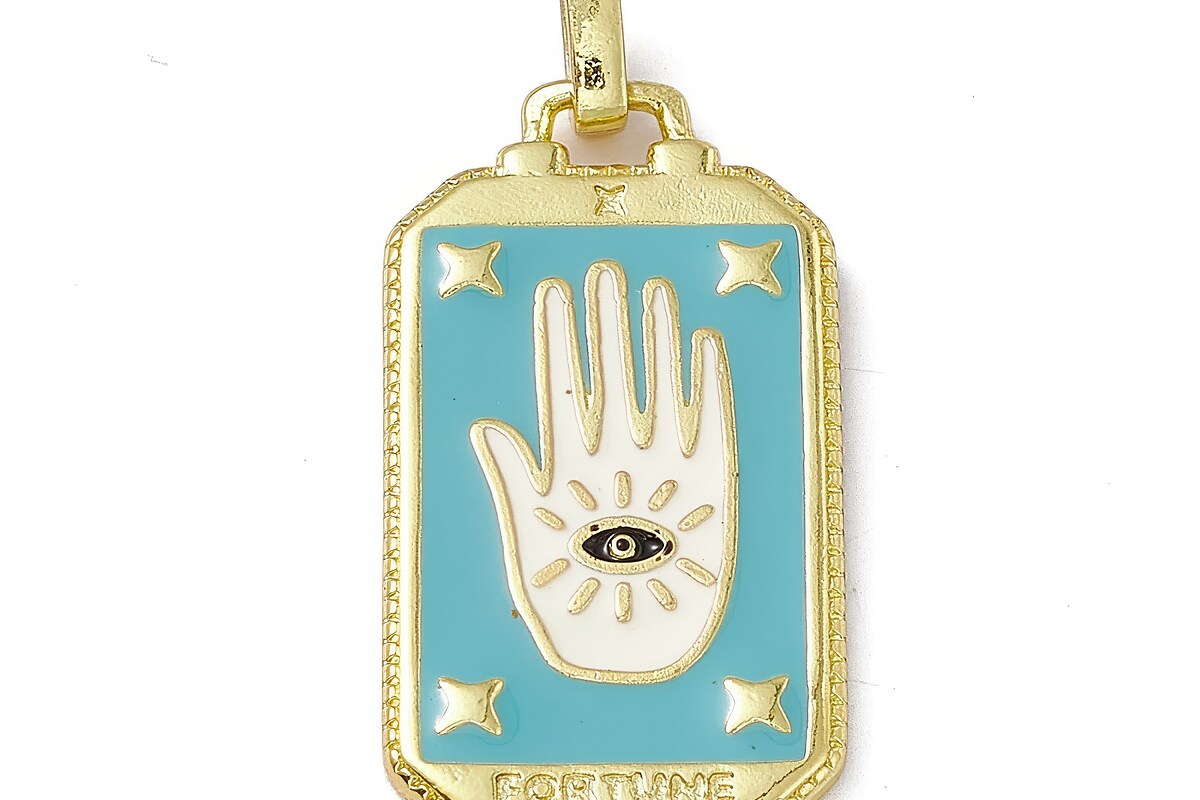 Pandantiv auriu emailat carte de tarot Mana Hamsa 26x14x2mm