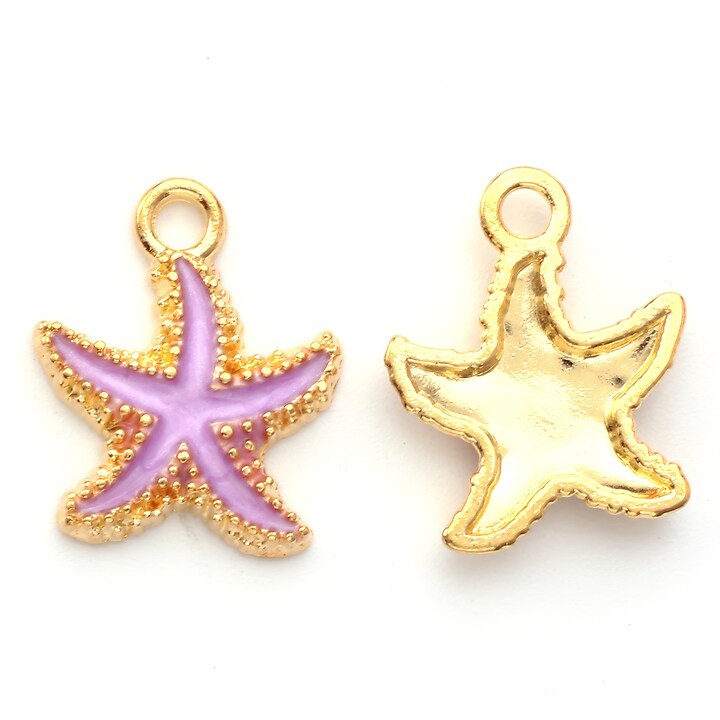 Charm auriu emailat stea de mare roz 18x15x3mm