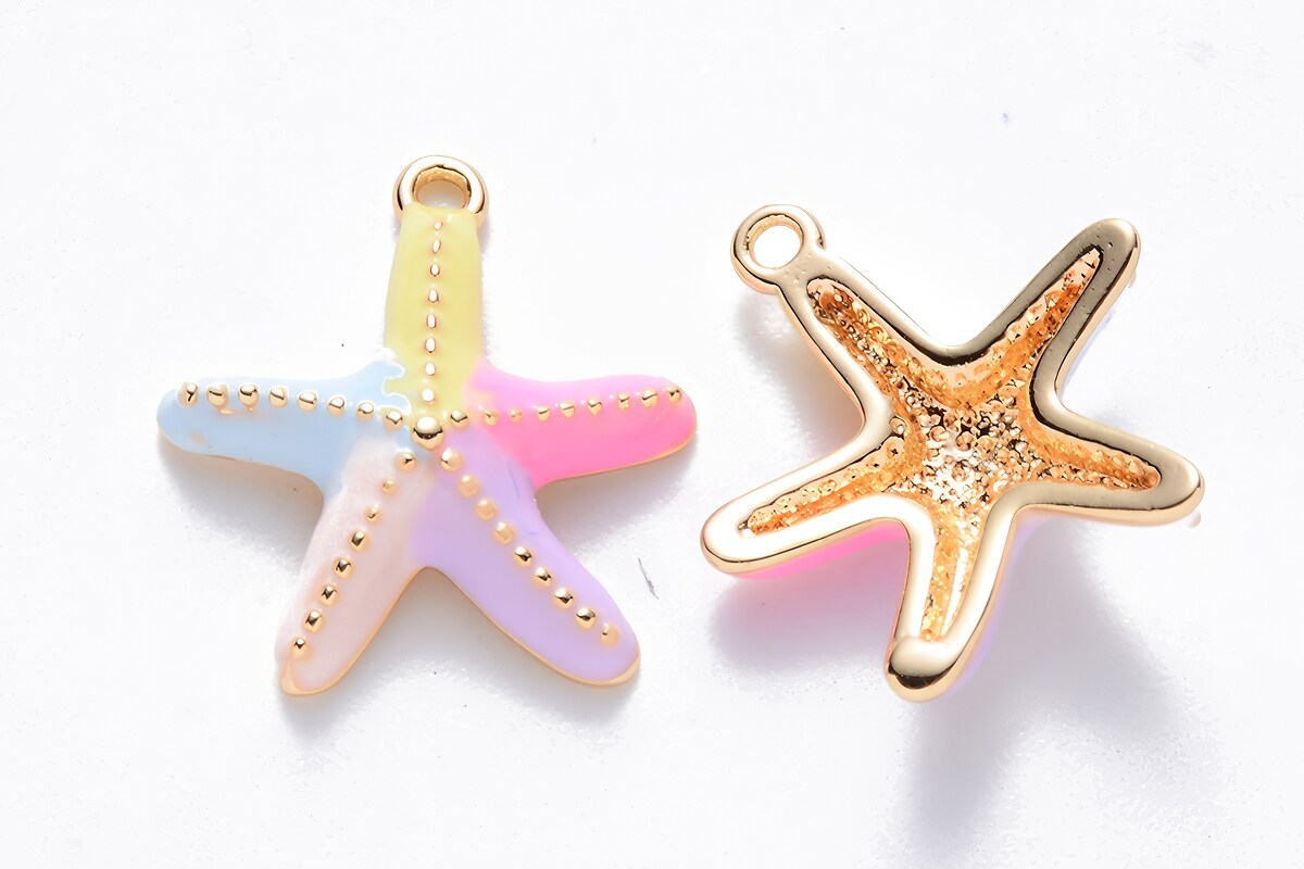 Charm auriu emailat stea de mare multicolora 14x13,5x3,5mm