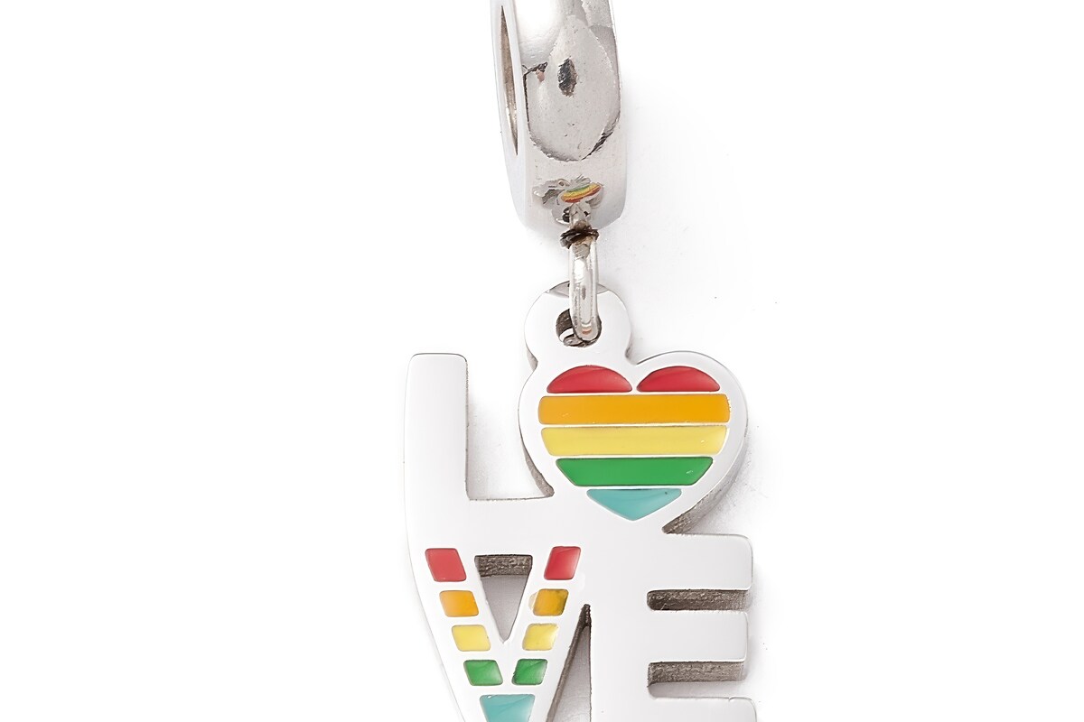 Charm emailat pentru bratara, otel inoxidabil 304, LOVE curcubeu, lungime 24mm