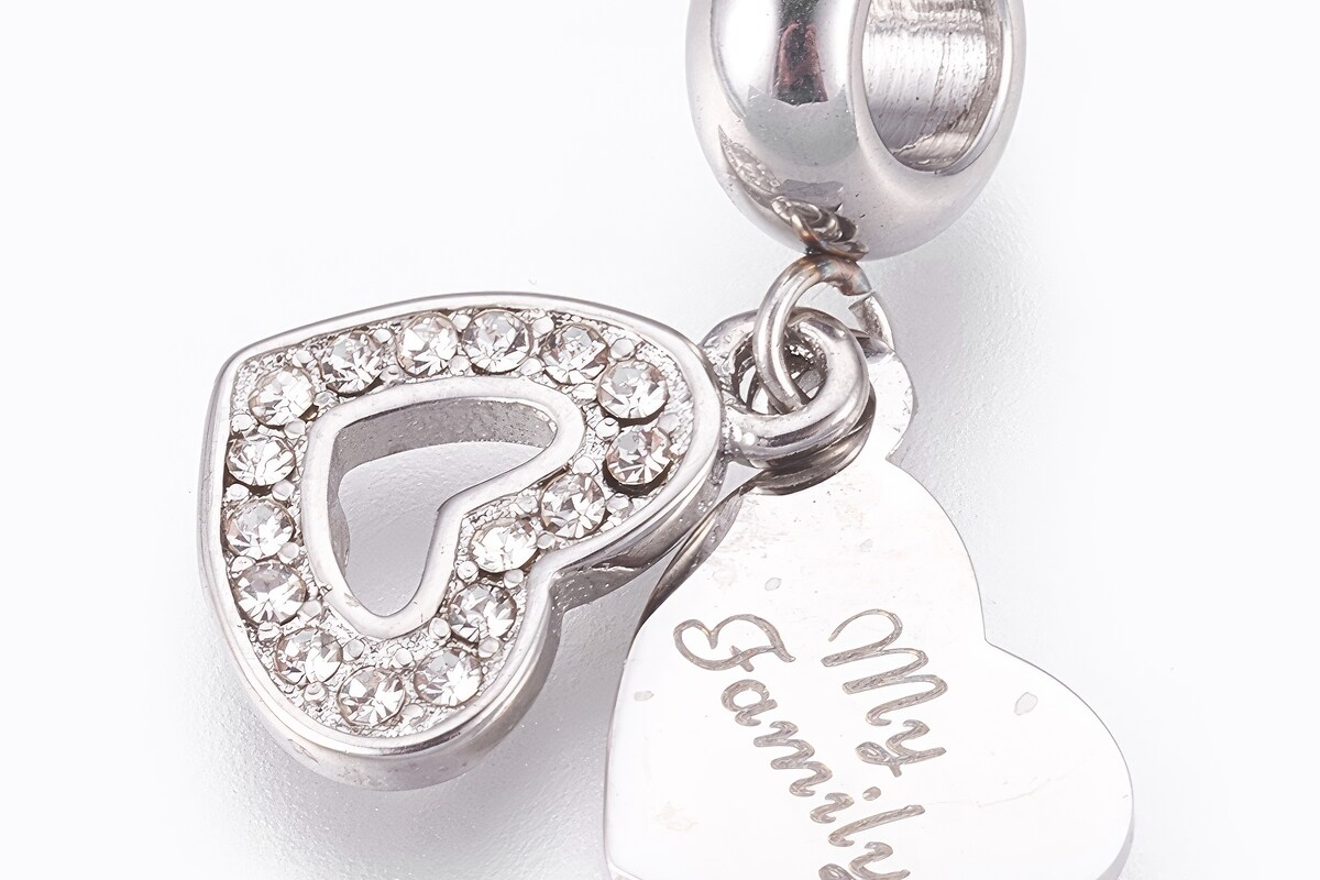 Charm cu strasuri albe pentru bratara, otel inoxidabil 304, inimi My Family, lungime 22,5mm