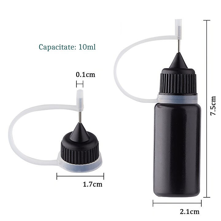 Recipient din plastic negru pentru lipici, varf pentru aplicat cu precizie, capacitate 10ml