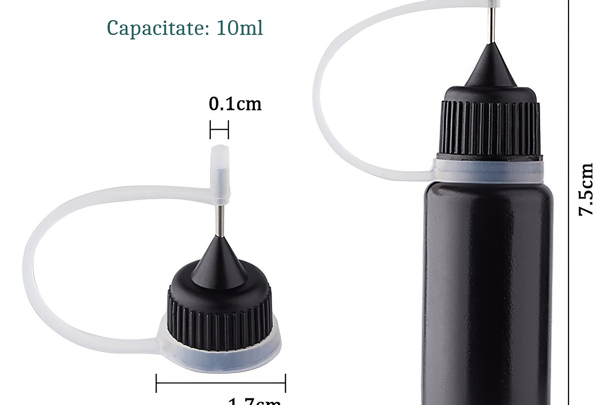 Recipient din plastic negru pentru lipici, varf pentru aplicat cu precizie, capacitate 10ml