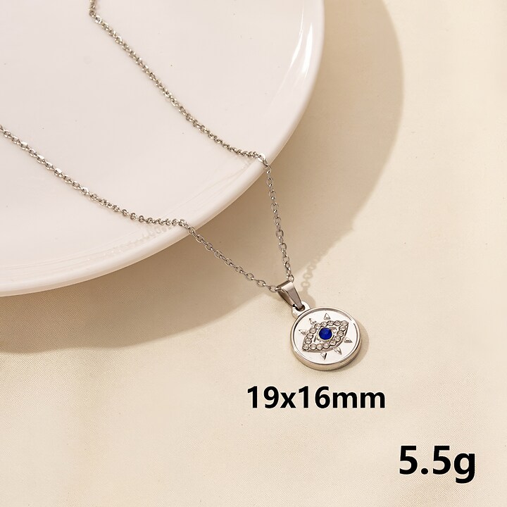 Lant otel inoxidabil 304 cu pandantiv evil eye cu strasuri albe si albastru cobalt 19x16mm