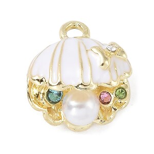 Charm auriu emailat scoica cu perla de rasina si strasuri multicolore 16,5x15,5x14mm