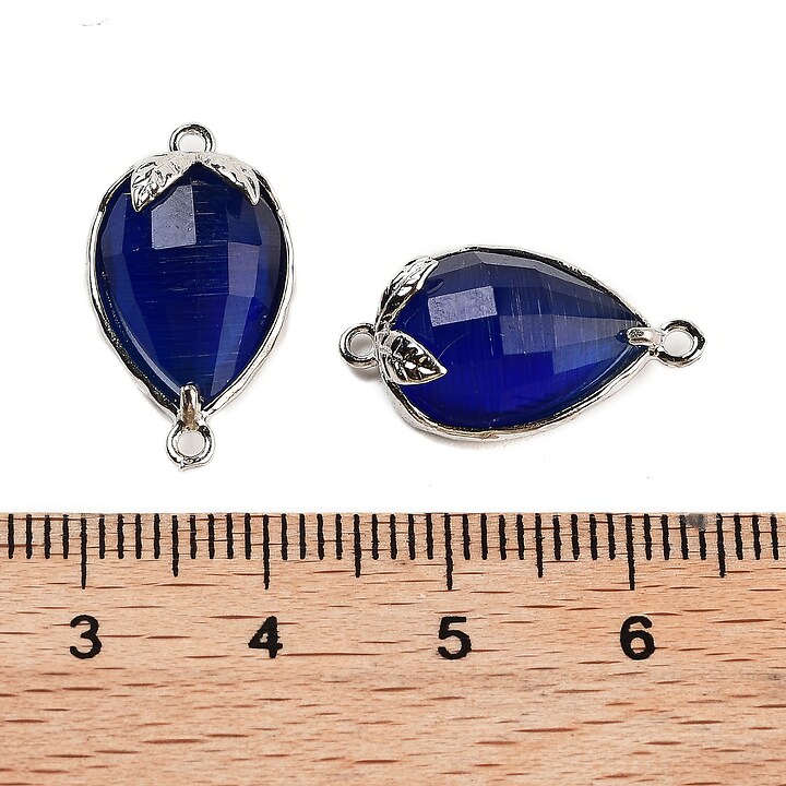 Link argintiu inchis capsuna cu cabochon sticla ochi de pisica 20x11,5x5mm - albastru inchis