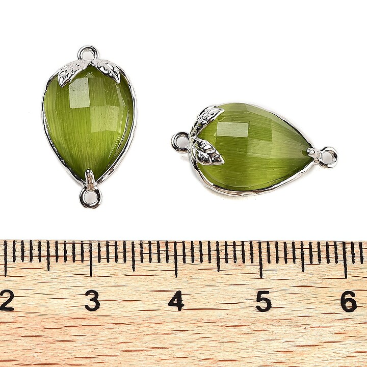 Link argintiu inchis capsuna cu cabochon sticla ochi de pisica 20x11,5x5mm - verde olive