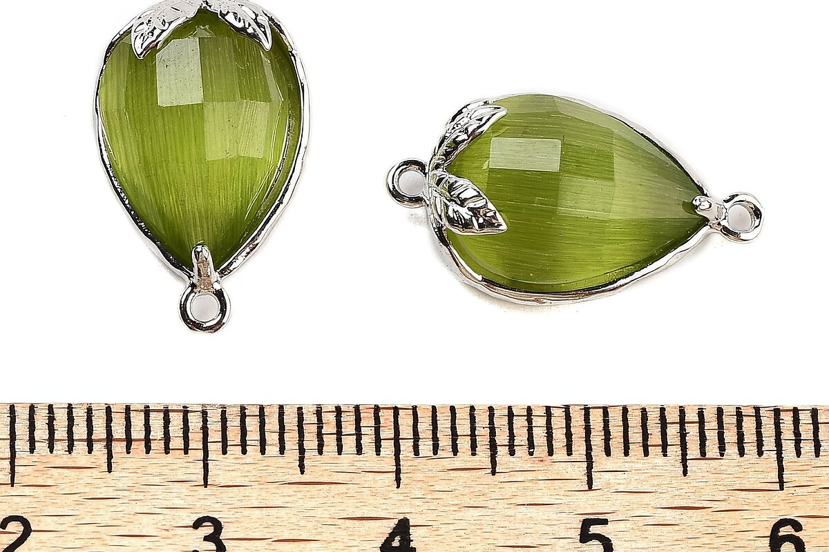 Link argintiu inchis capsuna cu cabochon sticla ochi de pisica 20x11,5x5mm - verde olive