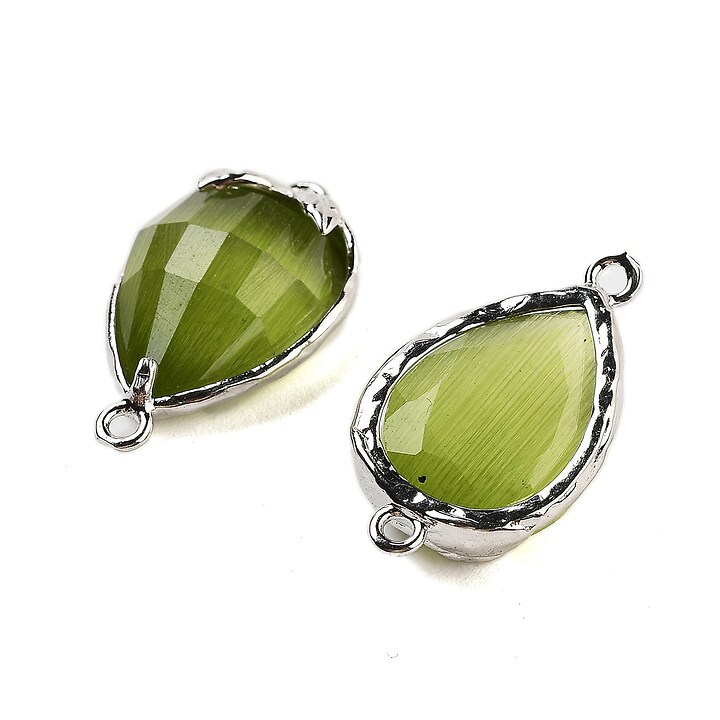 Link argintiu inchis capsuna cu cabochon sticla ochi de pisica 20x11,5x5mm - verde olive