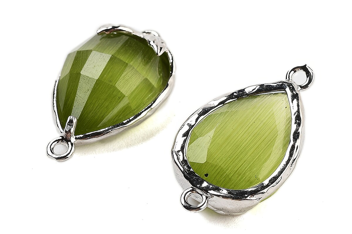 Link argintiu inchis capsuna cu cabochon sticla ochi de pisica 20x11,5x5mm - verde olive