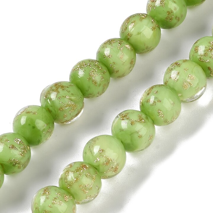 Sirag margele de sticla lampwork gold sand aprox. 8mm - verde cu foita aurie