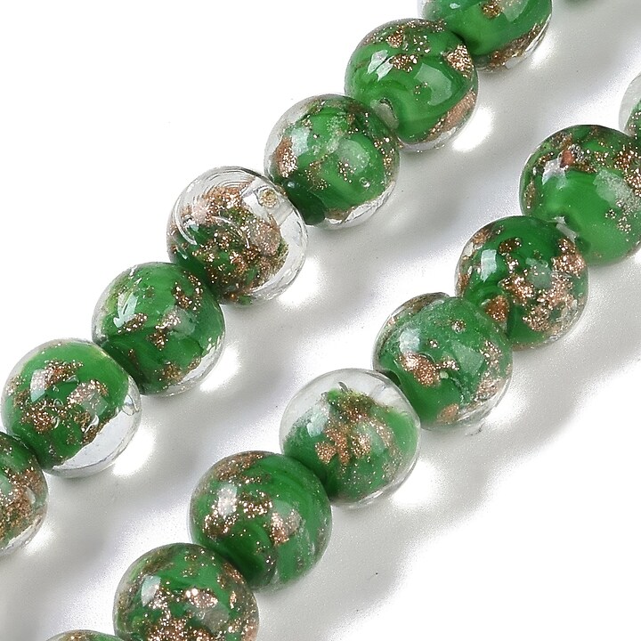 Sirag margele de sticla lampwork gold sand aprox. 8mm - verde cu foita aurie