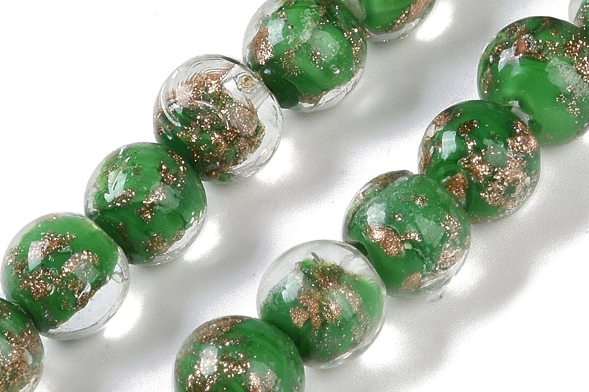 Sirag margele de sticla lampwork gold sand aprox. 8mm - verde cu foita aurie