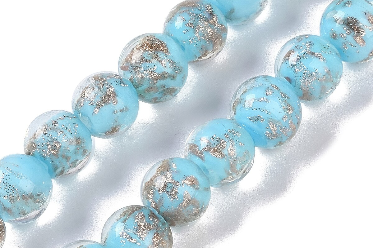 Sirag margele de sticla lampwork gold sand aprox. 8mm - bleu cu foita aurie