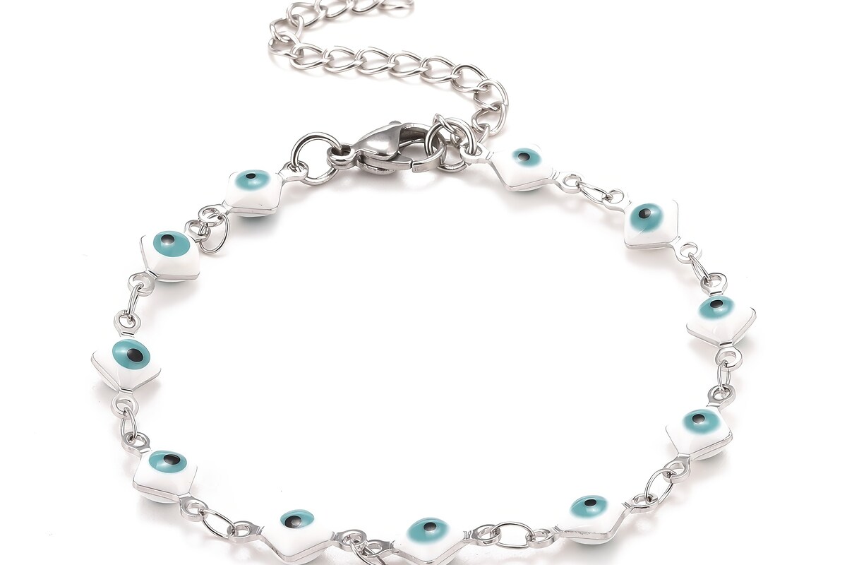 Bratara evil eye romb emailat bleu, otel inoxidabil 304, lungime 16,8cm