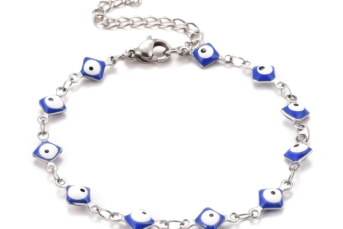 Bratara evil eye romb emailat albastru, otel inoxidabil 304, lungime 16,8cm