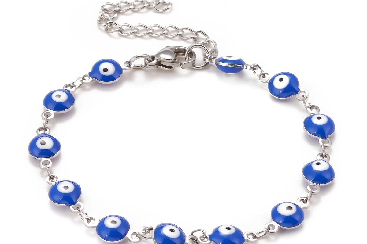 Bratara evil eye link rotund emailat albastru, otel inoxidabil 304, lungime 16,5cm