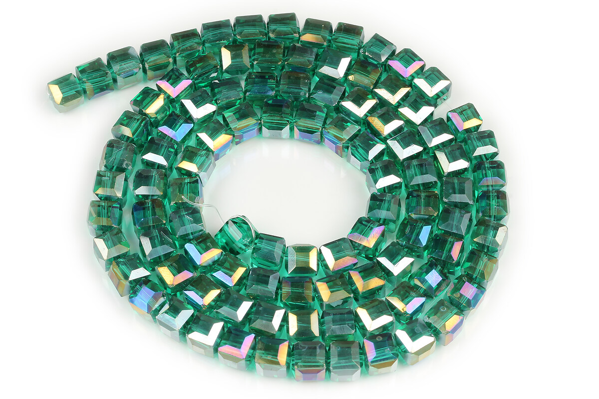 Sirag margele cristal electroplacat AB, cub fatetat 7-8x7-8mm - verde smarald