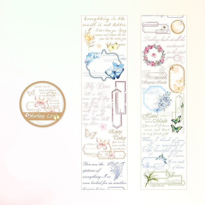 Rola lata 50mm washi tape, banda decorativa de hartie pentru proiecte artistice, jurnale, planner sau scrapbook, model scris