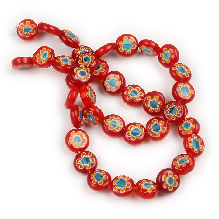 Sirag margele de sticla lampwork Millefiori banuti 10mm - rosu si albastru