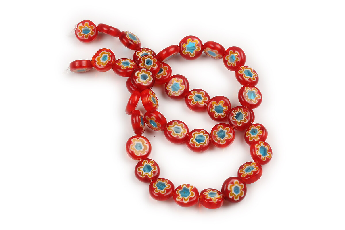 Sirag margele de sticla lampwork Millefiori banuti 10mm - rosu si albastru