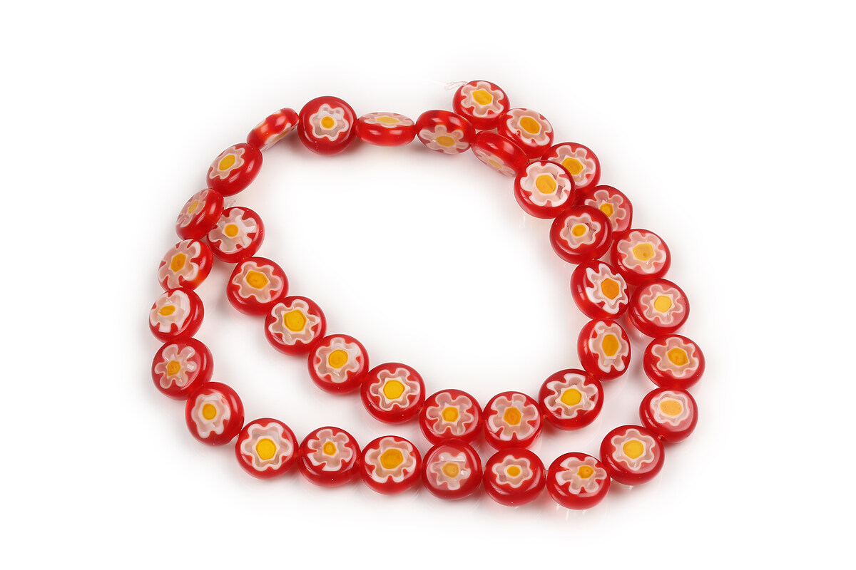 Sirag margele de sticla lampwork Millefiori banuti 10mm - rosu si galben