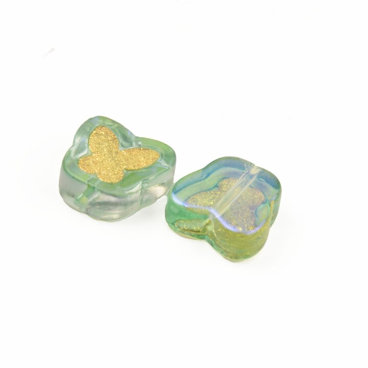 Margele de sticla lampwork fluture cu interior auriu 11x11mm - verde