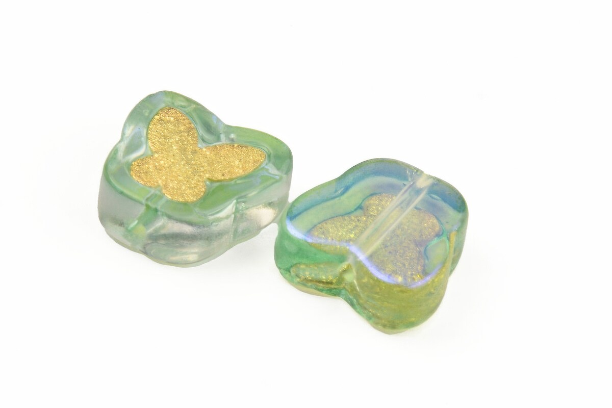 Margele de sticla lampwork fluture cu interior auriu 11x11mm - verde