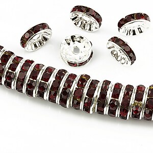 Distantiere argintii cu rhinestones grena 10mm (rondele 3,5x10mm)