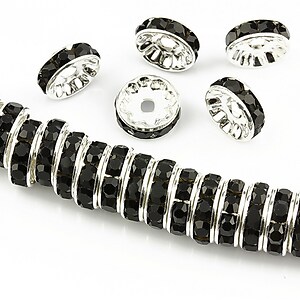 Distantiere argintii cu rhinestones negre 10mm (rondele 3,5x10mm)