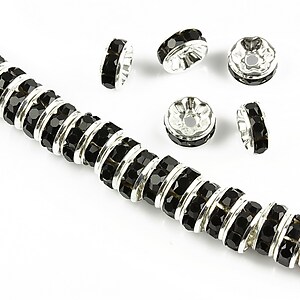 Distantiere argintii cu rhinestones negre 8mm (rondele 3,5x8mm)