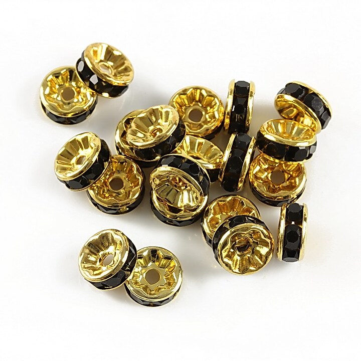 Distantiere aurii cu rhinestones negre 8mm (rondele 3,5x8mm)