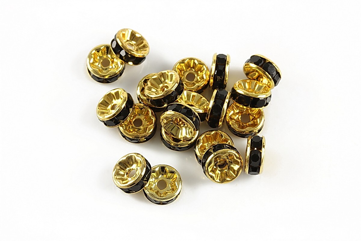 Distantiere aurii cu rhinestones negre 8mm (rondele 3,5x8mm)