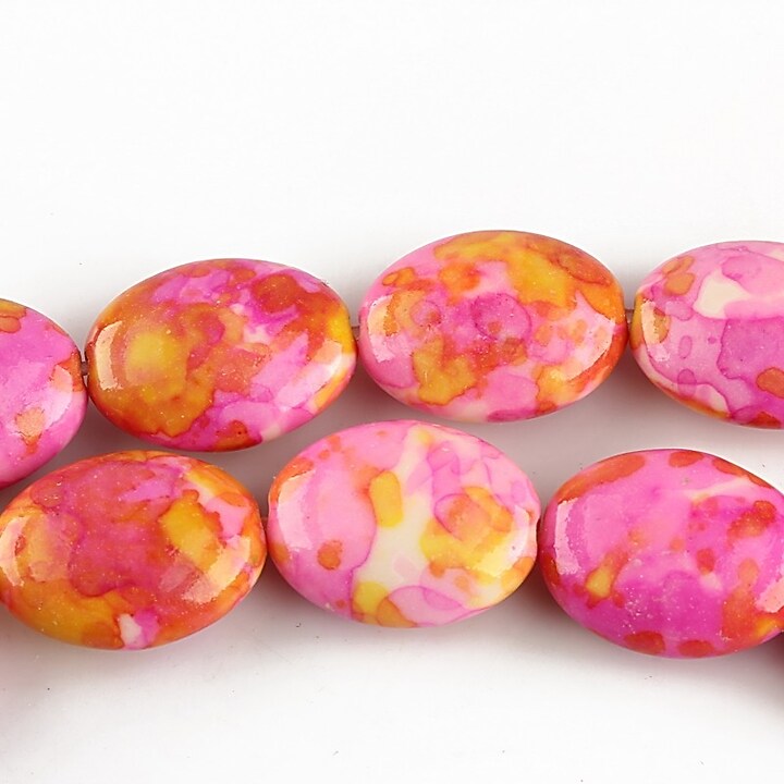 Flower jade oval 16x12mm - roz - galben