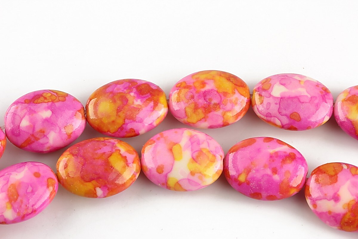 Flower jade oval 16x12mm - roz - galben