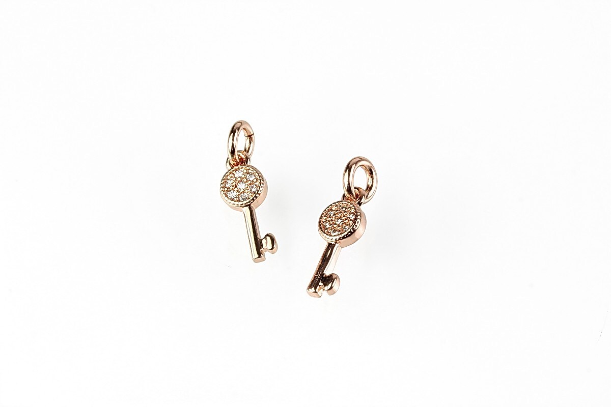 Charm cheie cu strasuri Cubic Zirconia 15x5mm - rose gold